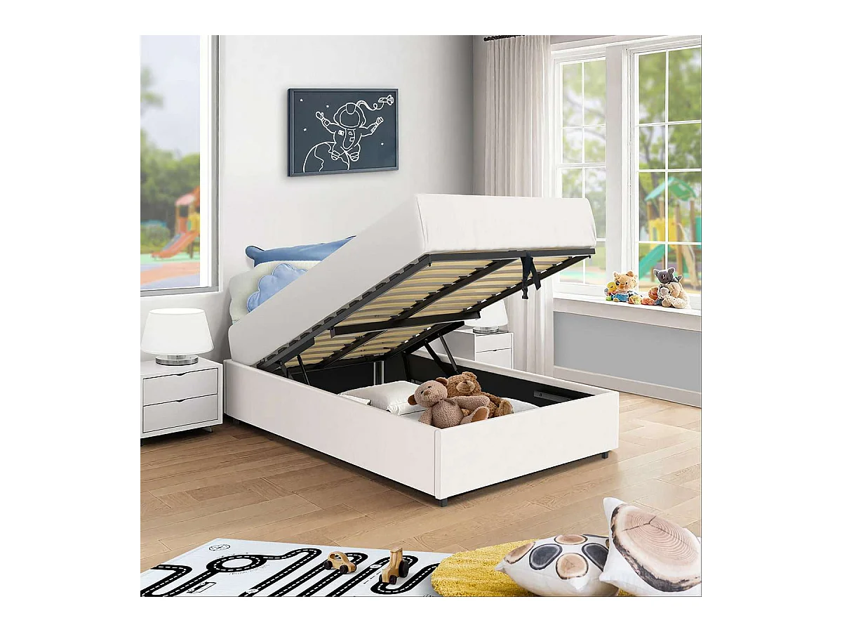 Lit coffre plateforme – couchage 90x190 cm - simili cuir (PU) blanc - sommier inclus - LANCE