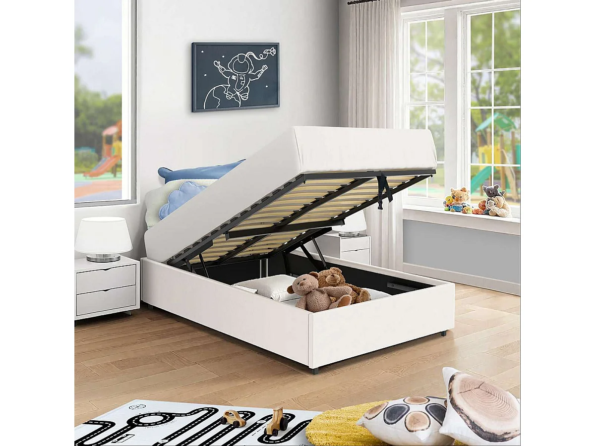 Lit coffre plateforme – couchage 90x190 cm - simili cuir (PU) blanc - sommier inclus - LANCE