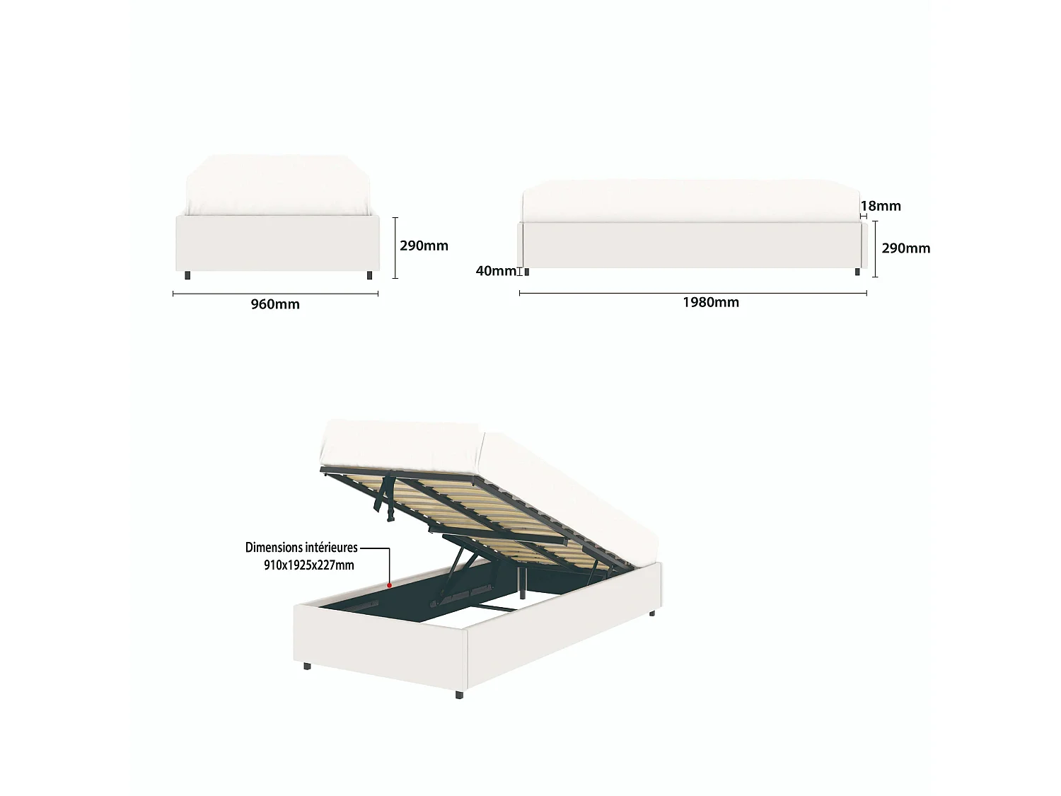 Lit coffre plateforme – couchage 90x190 cm - simili cuir (PU) blanc - sommier inclus - LANCE