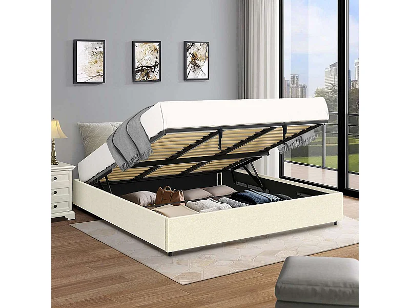 Lit coffre plateforme – extra grand couchage 180x200 cm - tissu velours beige - sommier inclus - LANCE