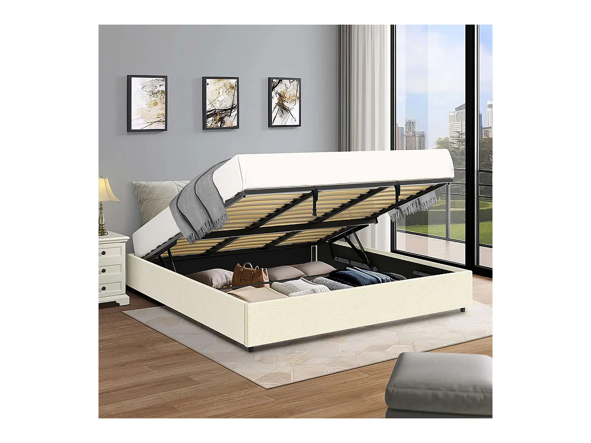 Lit coffre plateforme – extra grand couchage 180x200 cm - tissu velours beige - sommier inclus - LANCE