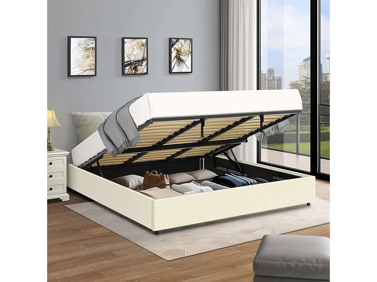 Lit coffre plateforme – extra grand couchage 180x200 cm - tissu velours beige - sommier inclus - LANCE