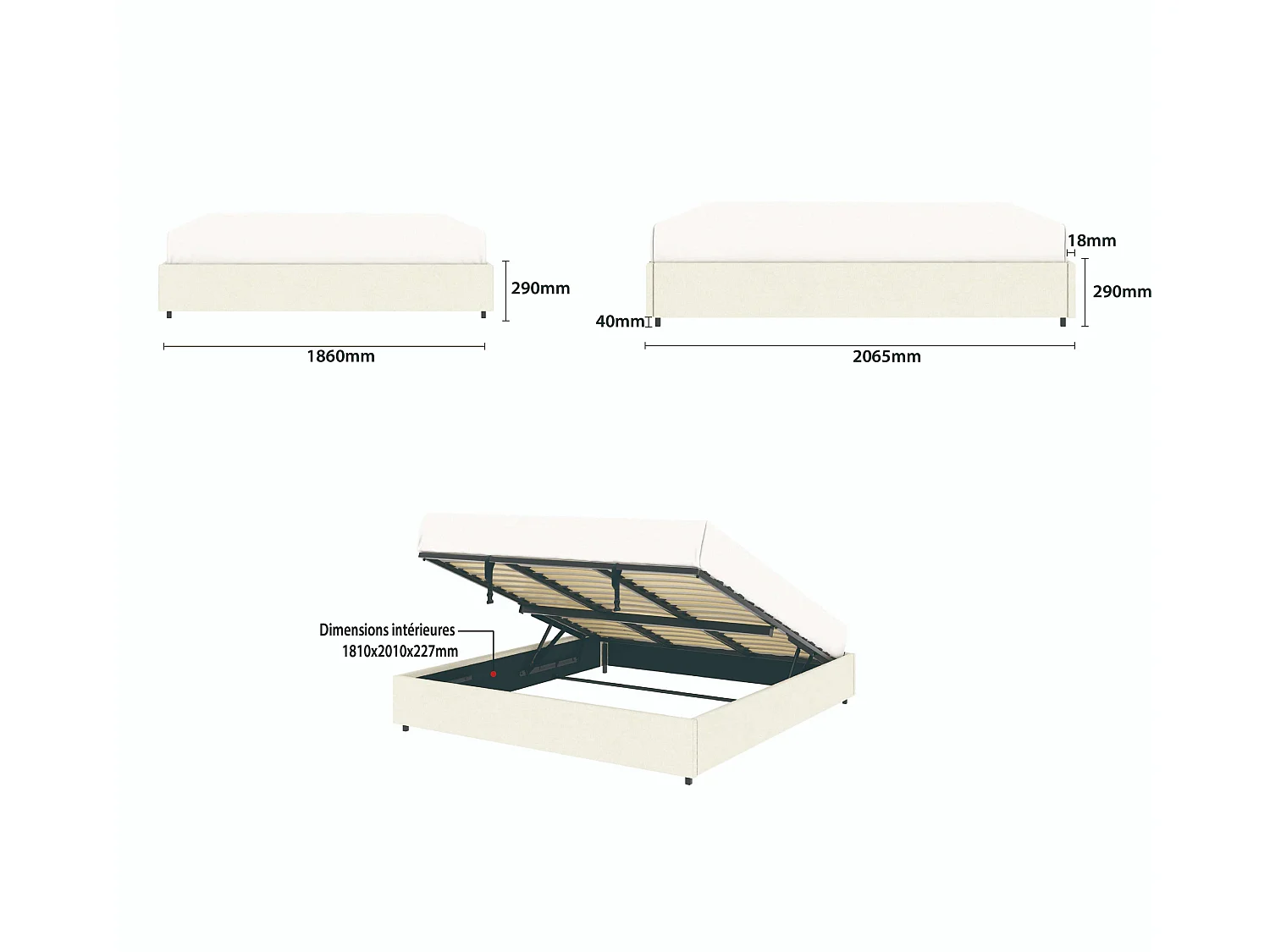 Lit coffre plateforme – extra grand couchage 180x200 cm - tissu velours beige - sommier inclus - LANCE