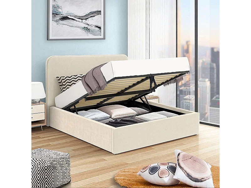 Lit coffre tête de lit haute – couchage 140x190 cm – tissu velours beige - sommier inclus - ANTON