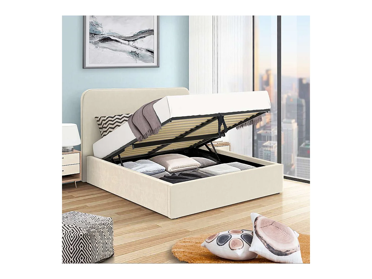 Lit coffre tête de lit haute – couchage 140x190 cm – tissu velours beige - sommier inclus - ANTON