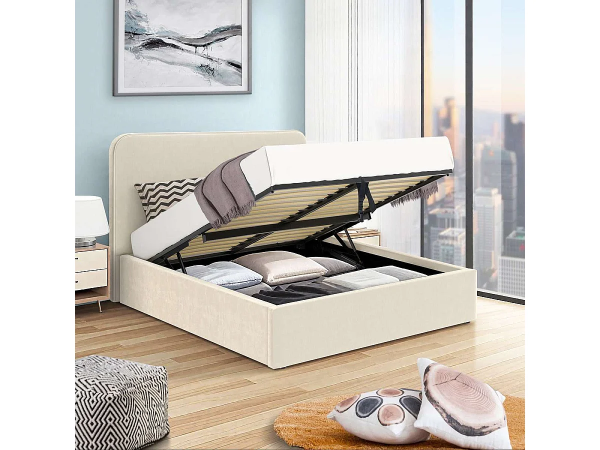Cama con arcón y cabecero alto – tamaño 140x190 cm – terciopelo beige – somier incluido – ANTON