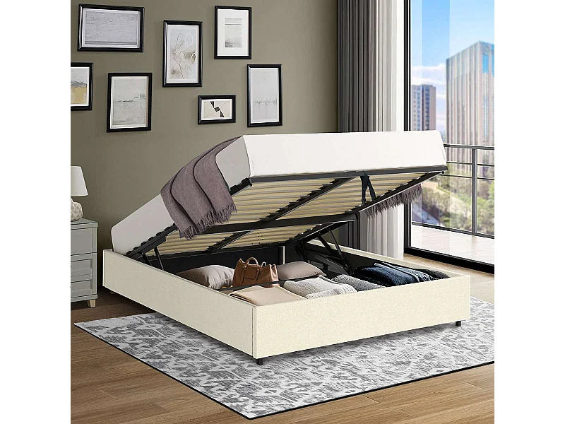 Lit coffre plateforme – grand couchage 160x200 cm - tissu velours beige - sommier inclus - LANCE