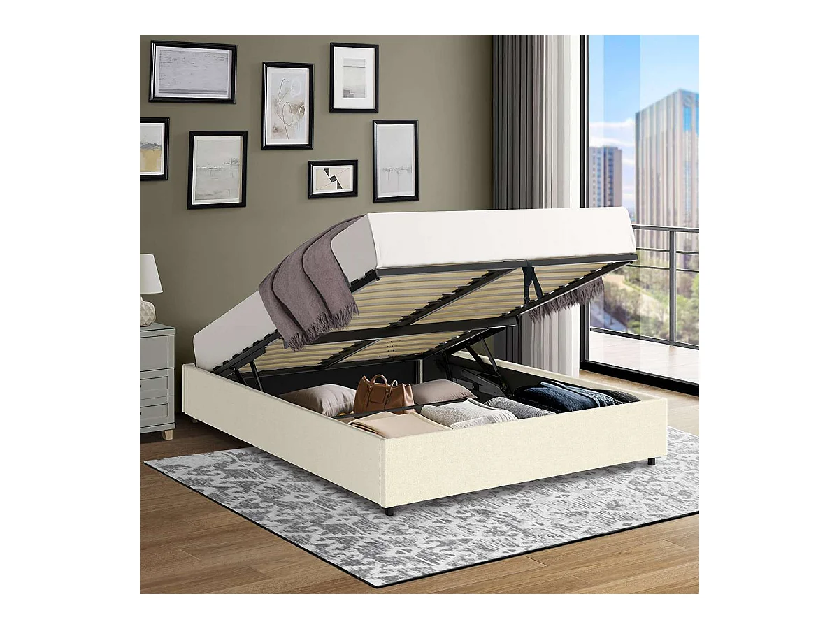 Lit coffre plateforme – grand couchage 160x200 cm - tissu velours beige - sommier inclus - LANCE