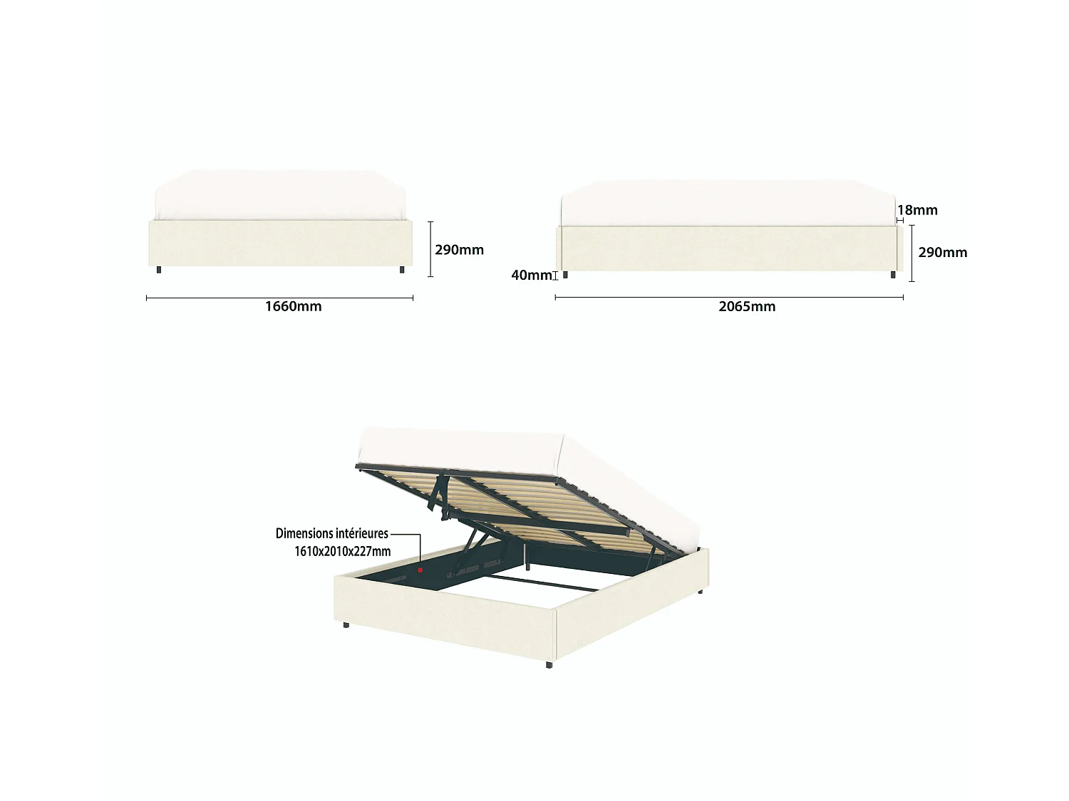 Stauraumbett mit Plattform – Liegefläche 160x200 cm – beigefarbener Samtstoff – Lattenrost inklusive – LANCE
