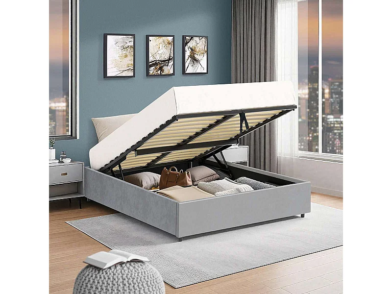 Lit coffre plateforme – couchage 140x190 cm - tissu velours gris - sommier inclus - LANCE