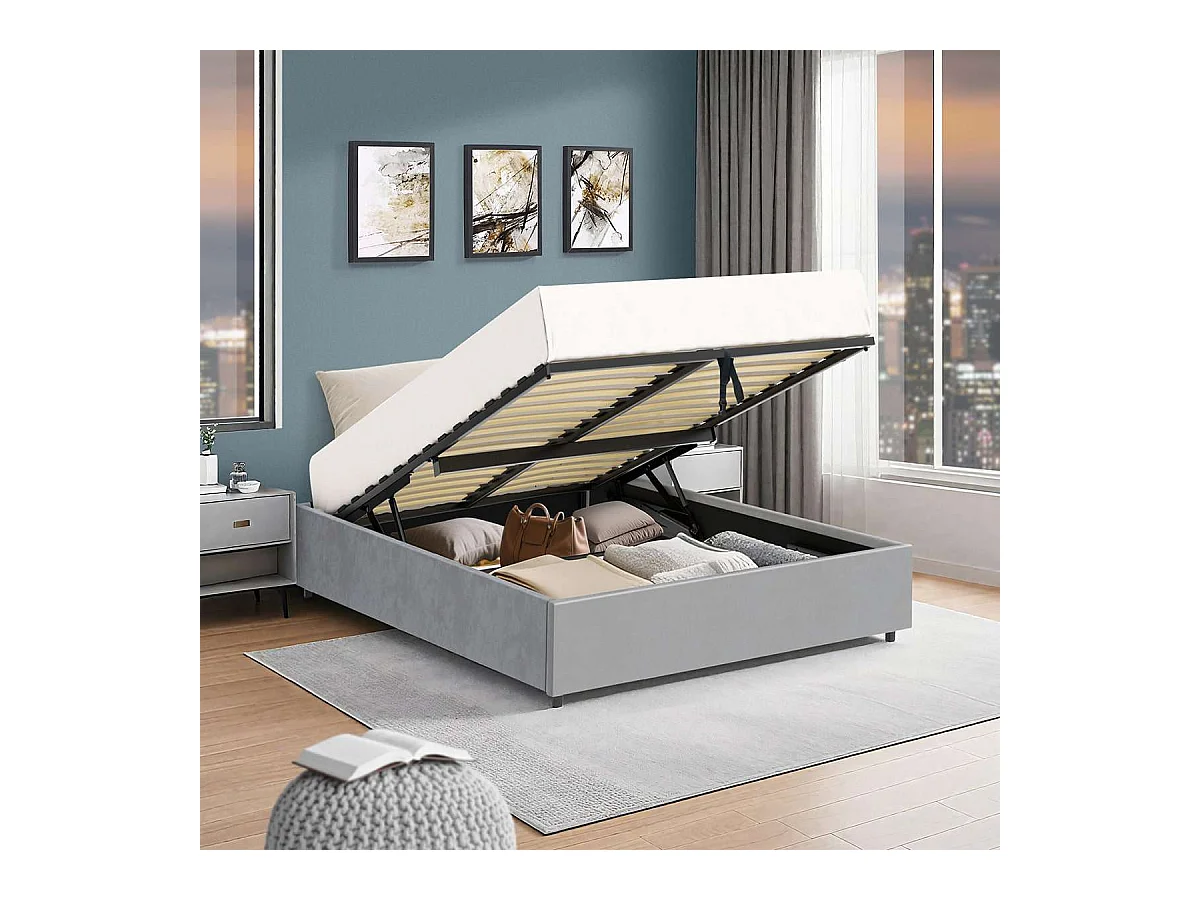 Lit coffre plateforme – couchage 140x190 cm - tissu velours gris - sommier inclus - LANCE