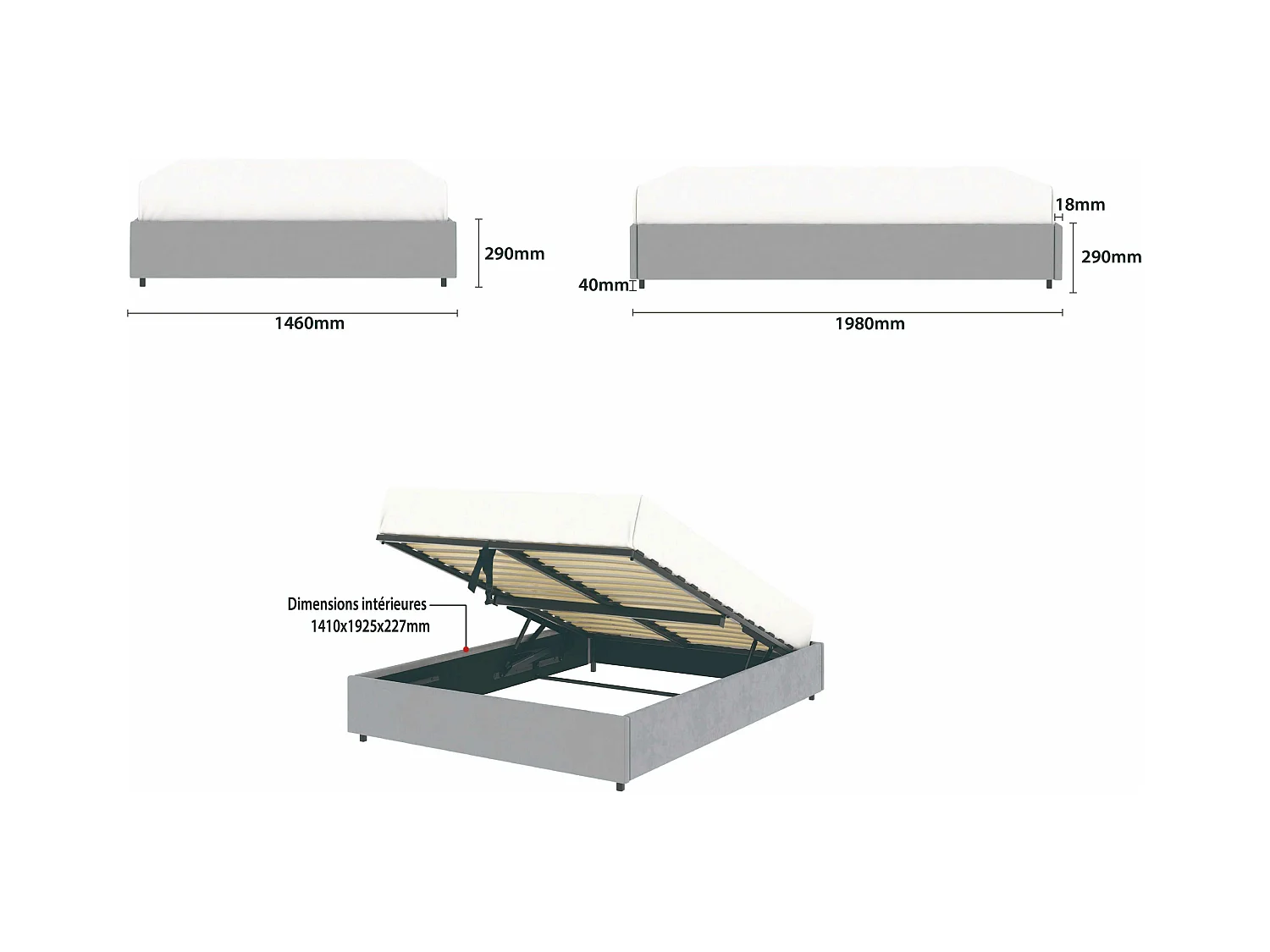 Lit coffre plateforme – couchage 140x190 cm - tissu velours gris - sommier inclus - LANCE