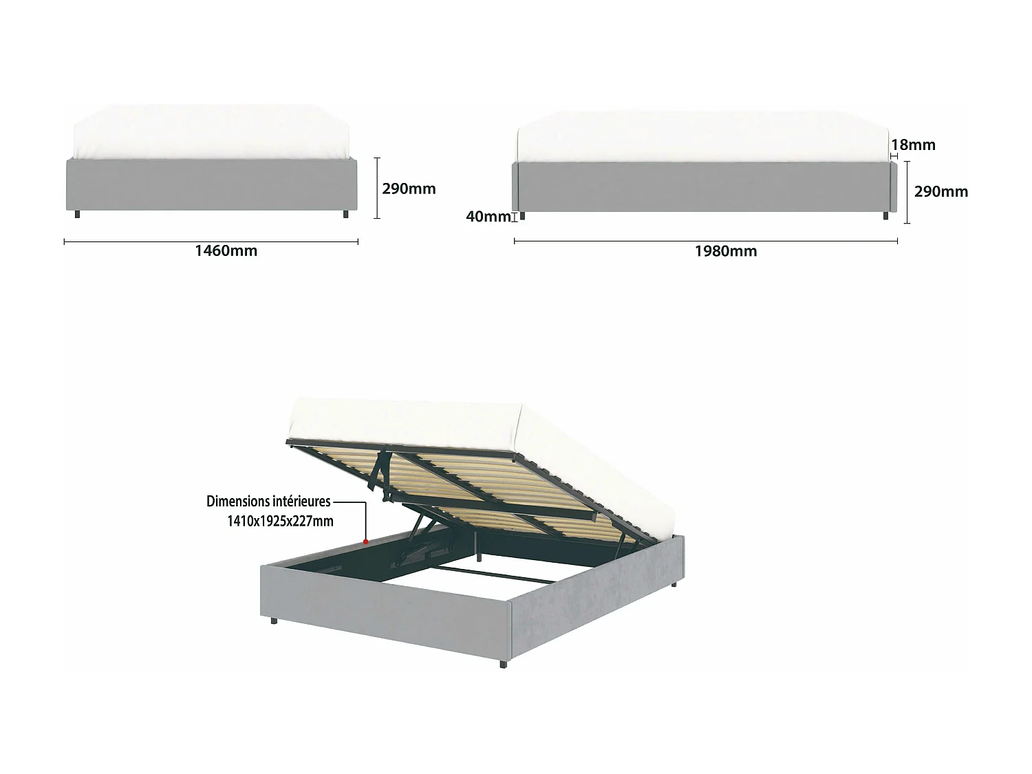 Lit coffre plateforme – couchage 140x190 cm - tissu velours gris - sommier inclus - LANCE