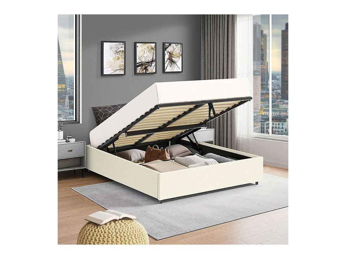 Lit coffre plateforme – couchage 140x190 cm - tissu velours beige - sommier inclus - LANCE