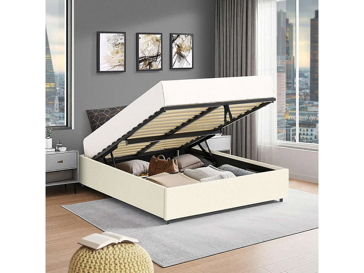 Lit coffre plateforme – couchage 140x190 cm - tissu velours beige - sommier inclus - LANCE