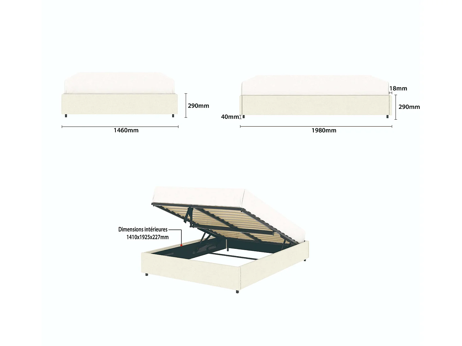 Lit coffre plateforme – couchage 140x190 cm - tissu velours beige - sommier inclus - LANCE