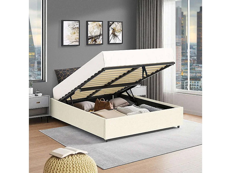 Lit coffre plateforme – couchage 140x190 cm - tissu velours beige - sommier inclus - LANCE