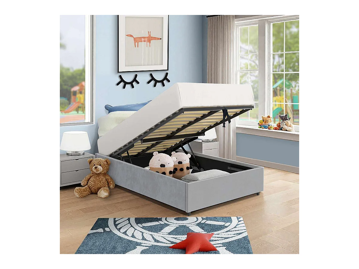 Lit coffre plateforme – couchage 90x190 cm - tissu velours gris - sommier inclus - LANCE