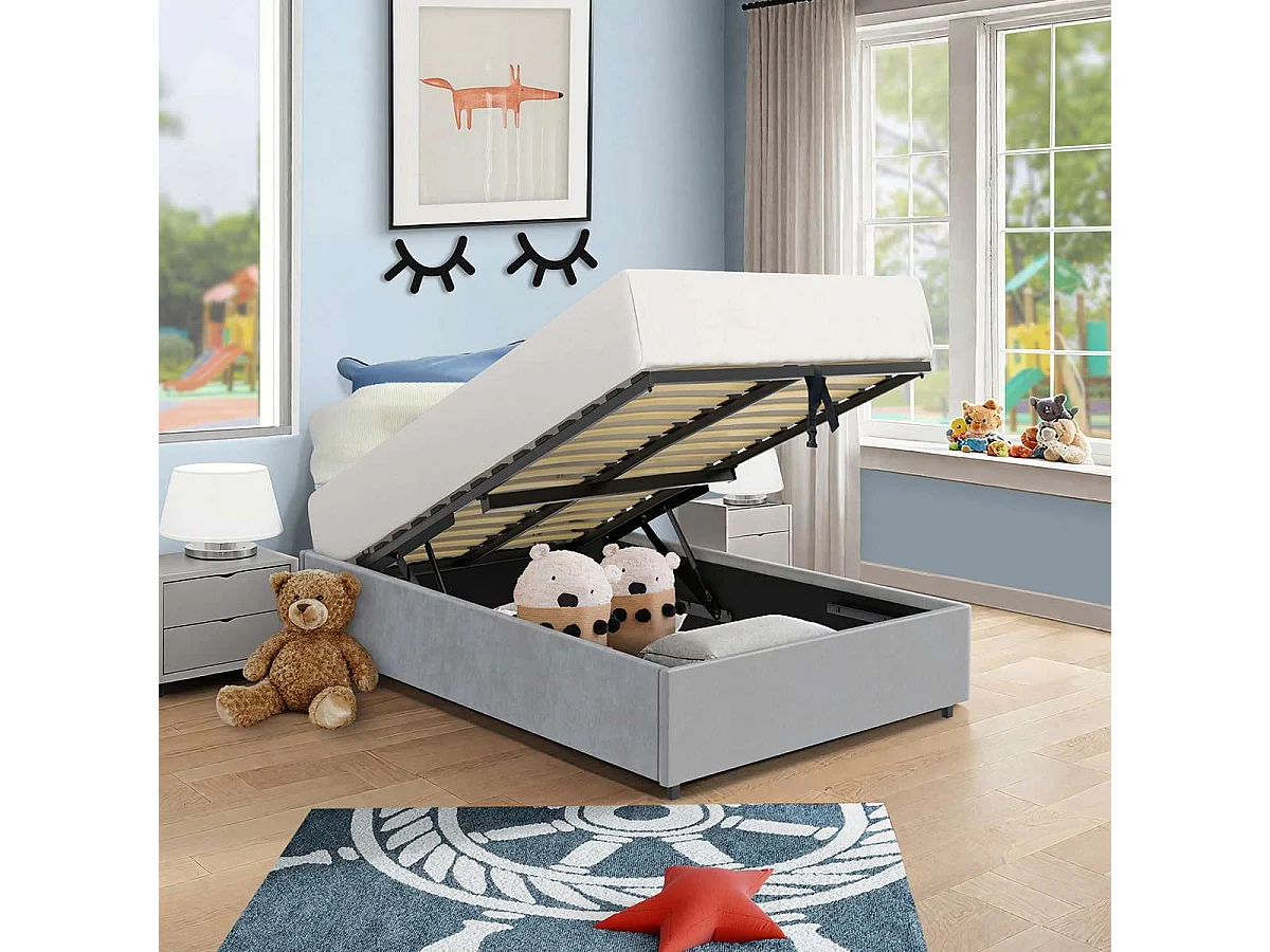 Lit coffre plateforme – couchage 90x190 cm - tissu velours gris - sommier inclus - LANCE