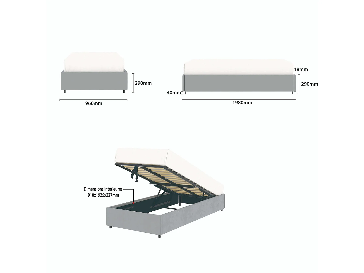 Lit coffre plateforme – couchage 90x190 cm - tissu velours gris - sommier inclus - LANCE