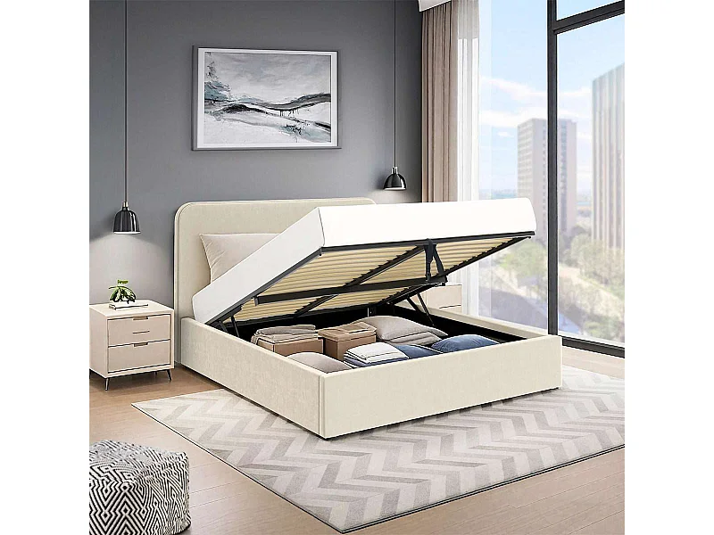 Lit coffre tête de lit haute – grand couchage 160x200 cm – tissu velours beige - sommier inclus - ANTON