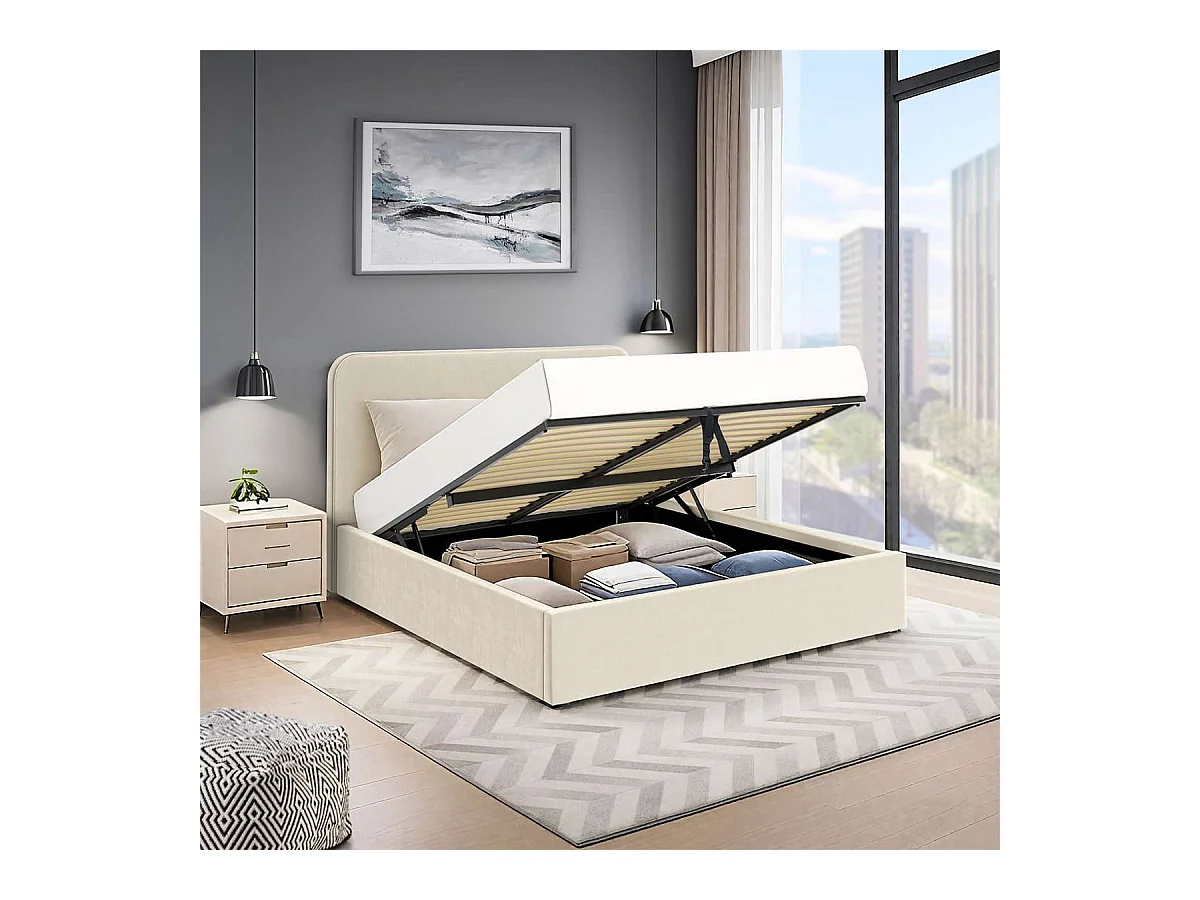 Lit coffre tête de lit haute – grand couchage 160x200 cm – tissu velours beige - sommier inclus - ANTON