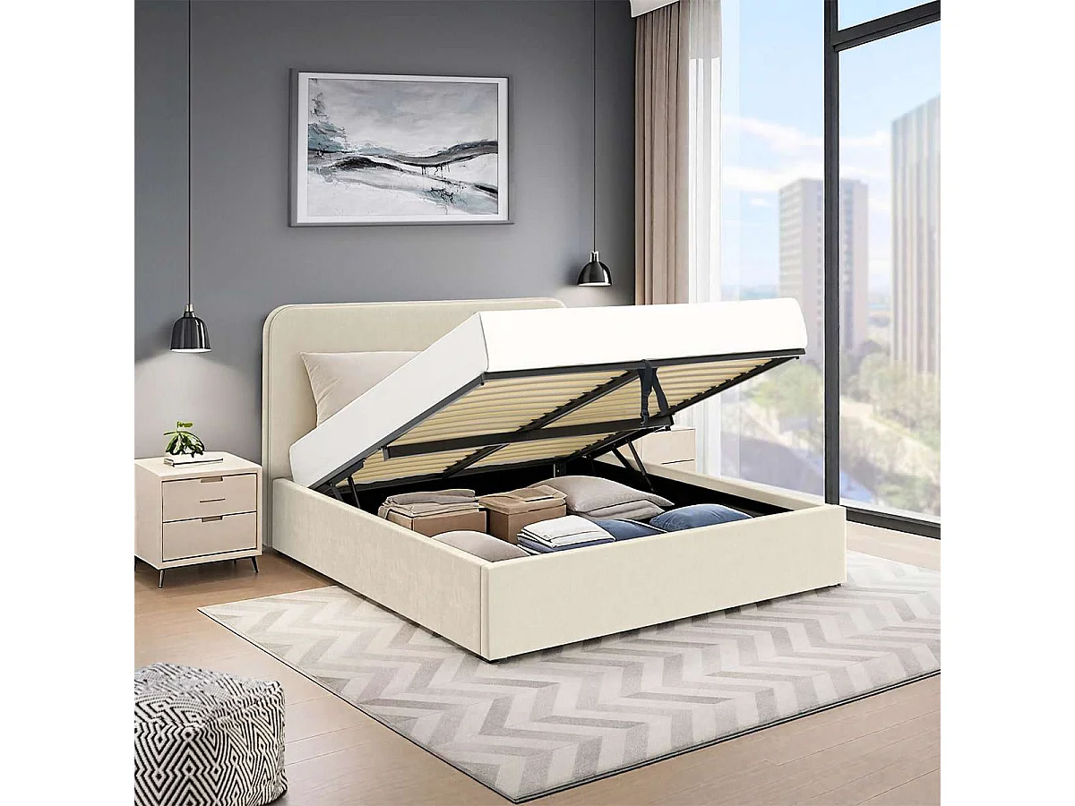 Cama con arcón y cabecero alto – tamaño grande 160x200 cm – terciopelo beige – somier incluido – ANTON