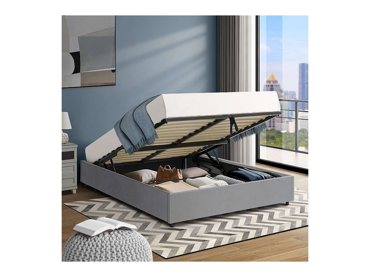 Lit coffre plateforme – grand couchage 160x200 cm - tissu velours gris - sommier inclus - LANCE