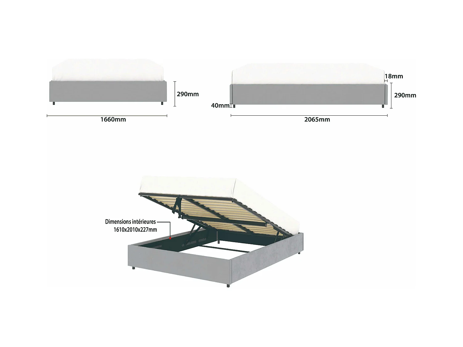 Lit coffre plateforme – grand couchage 160x200 cm - tissu velours gris - sommier inclus - LANCE