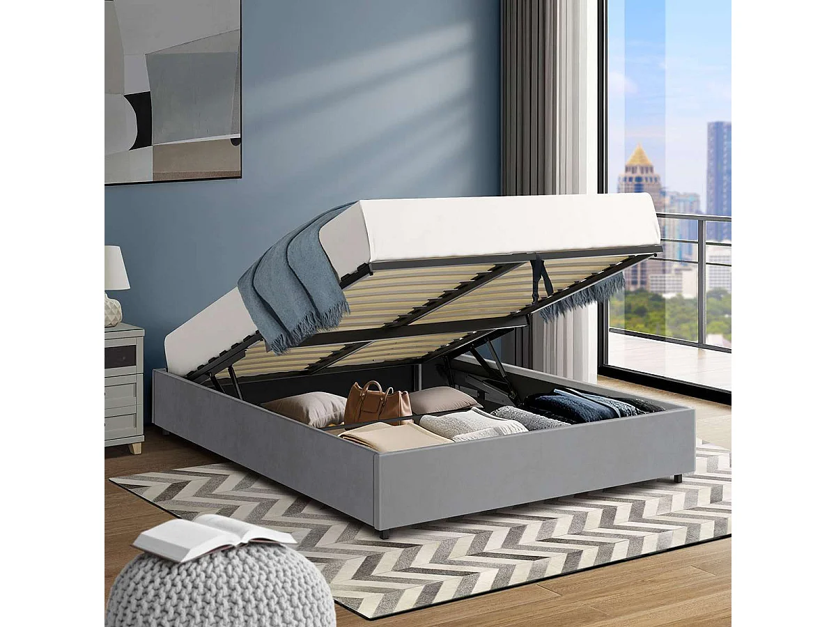 Lit coffre plateforme – grand couchage 160x200 cm - tissu velours gris - sommier inclus - LANCE