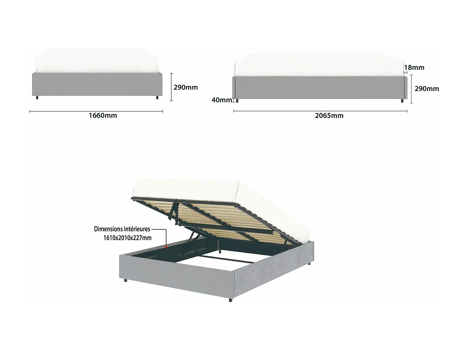 Lit coffre plateforme – grand couchage 160x200 cm - tissu velours gris - sommier inclus - LANCE