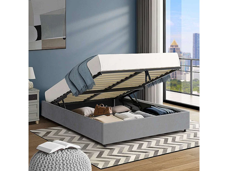 Letto contenitore con base – rete 160x200 cm – velluto grigio – rete inclusa – LANCE