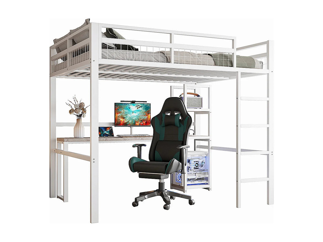 Hoogslaper 140x200 van wit metaal met bureau, meerdere planken, USB-poort type C, ladder, leuning, zonder matras
