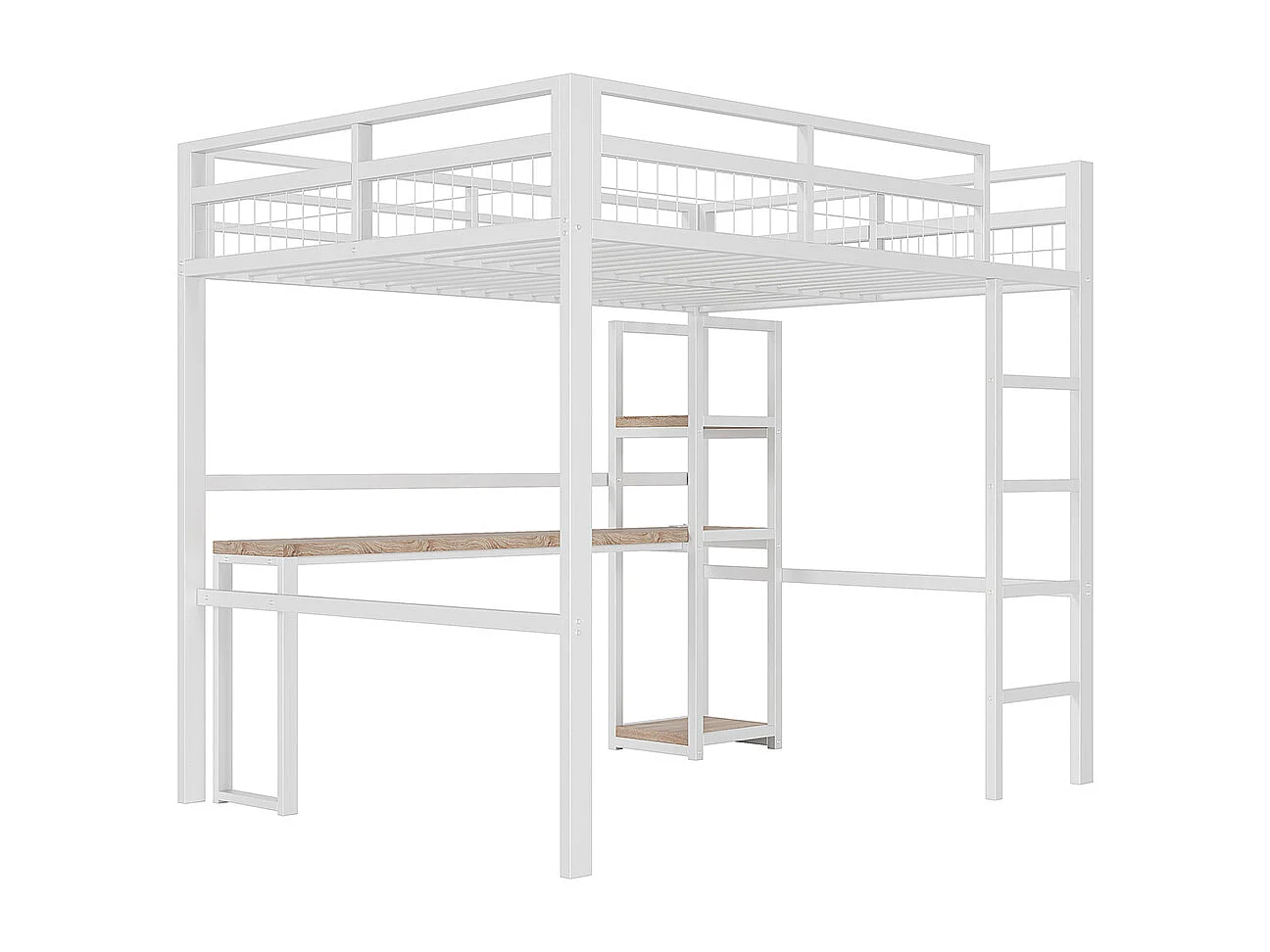 Hoogslaper 140x200 van wit metaal met bureau, meerdere planken, USB-poort type C, ladder, leuning, zonder matras