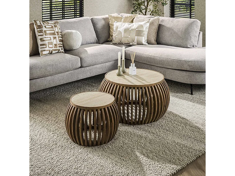 Ensemble de 2 tables basses Curve Nuovo Travertin - Mangue massif couleur sable