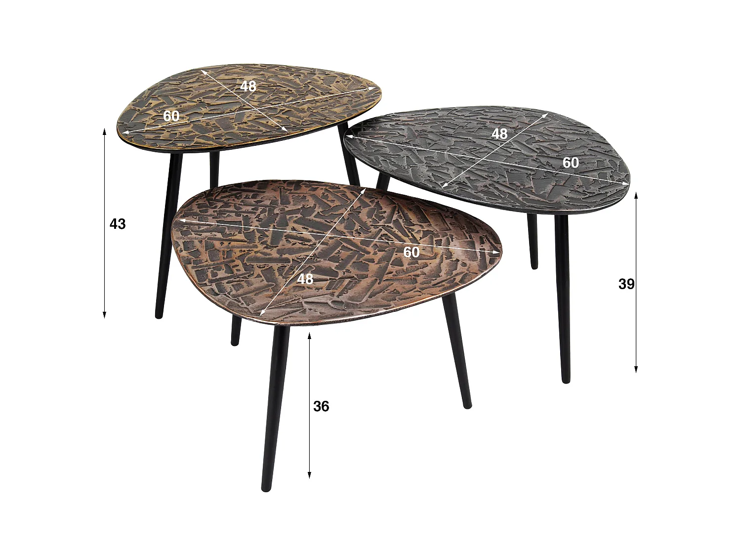 Table basse triangulaire patinée - Lot de 3
