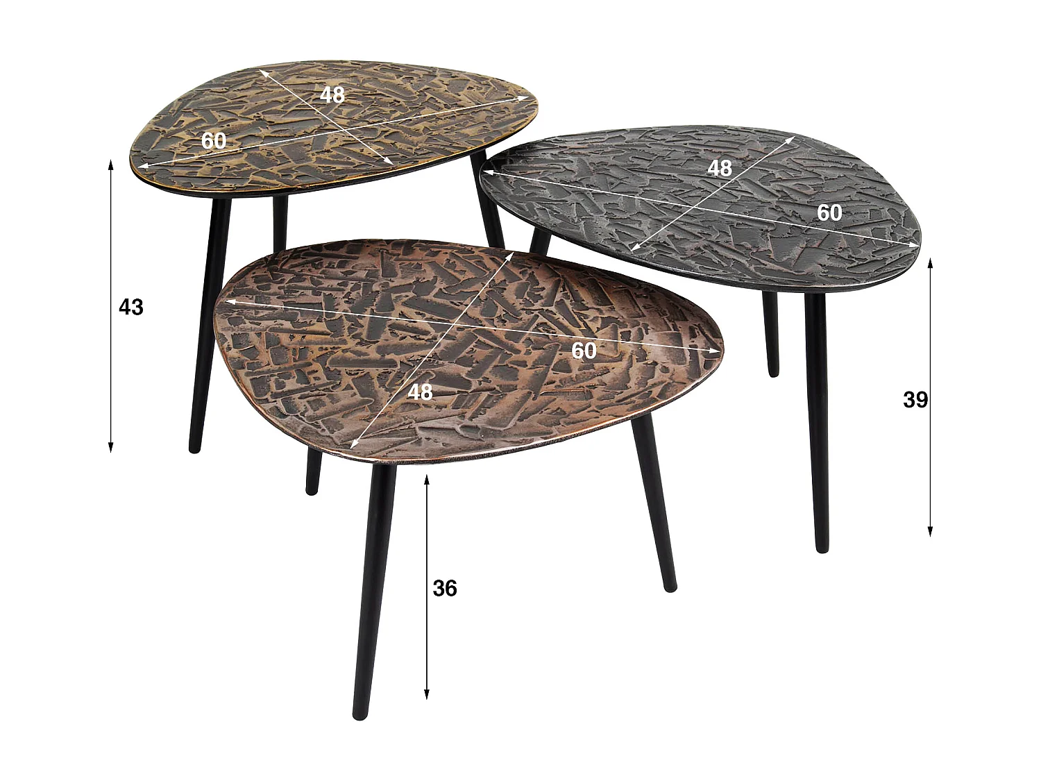 Table basse triangulaire patinée - Lot de 3