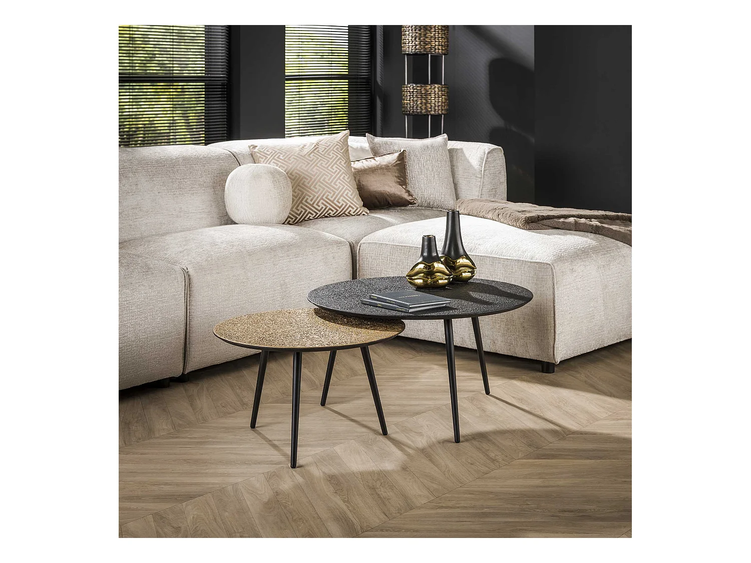 Table basse métallique ronde grise, lot de 2