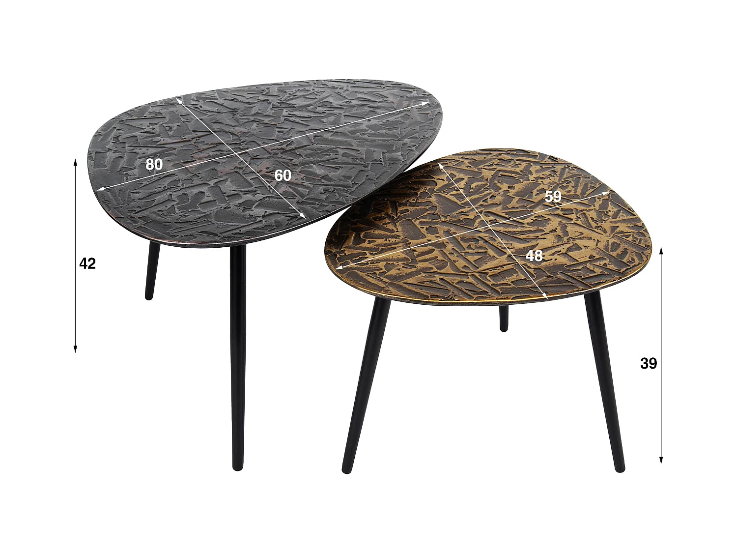 Table basse triangulaire en métal patiné - Lot de 2