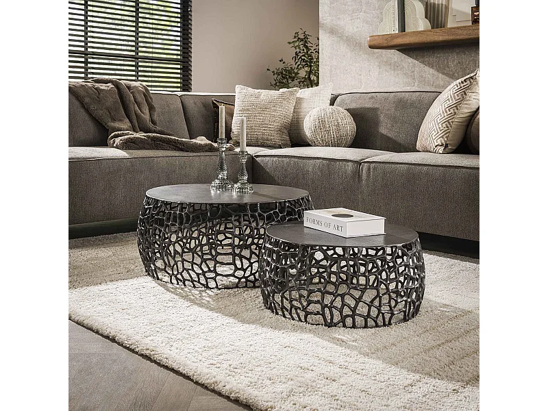 Couchtisch Maze - Schwarz/Graues Metall - 2er-Set - 75x75x30