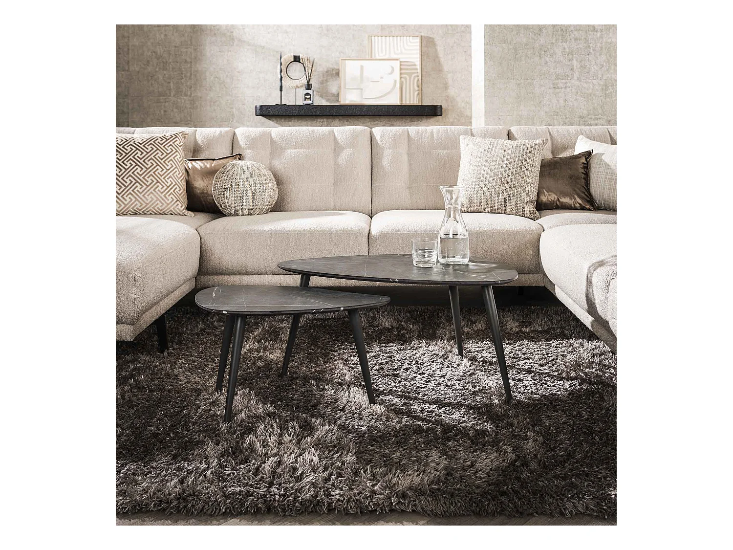 Ensemble de 2 tables basses en forme de poire, organiques, 3D, noir et marron