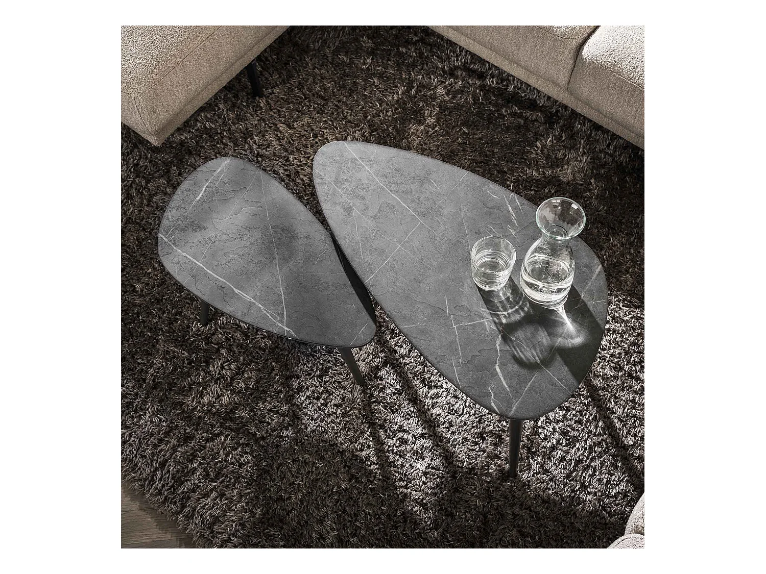 Ensemble de 2 tables basses en forme de poire, organiques, 3D, noir et marron