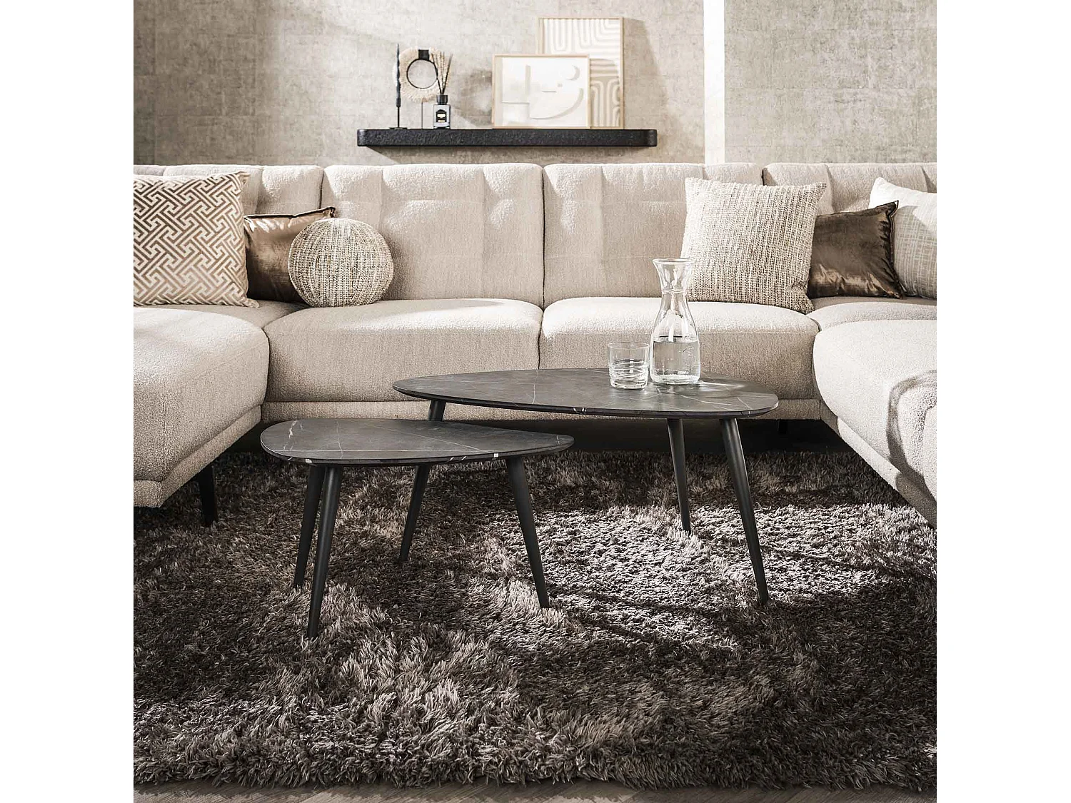 Ensemble de 2 tables basses en forme de poire, organiques, 3D, noir et marron