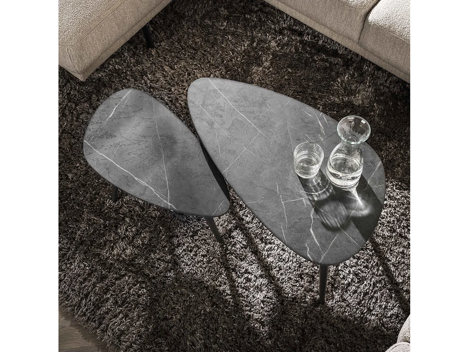 Ensemble de 2 tables basses en forme de poire, organiques, 3D, noir et marron