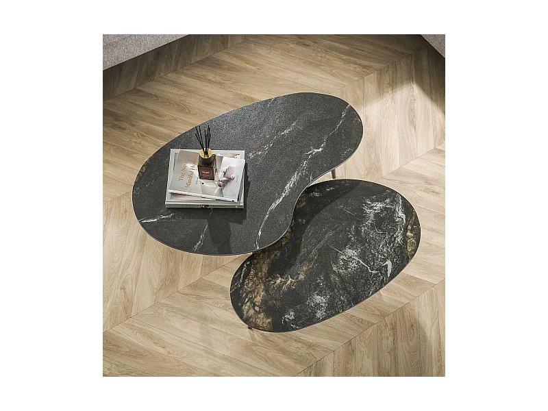 Ensemble de 2 tables basses en forme de fossile en forme de rein - Céramique noire