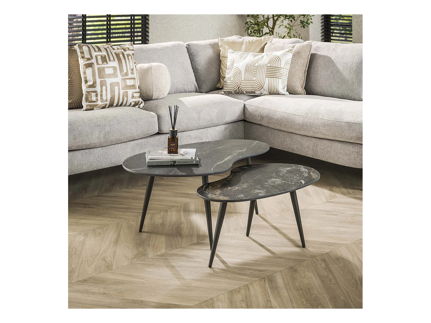 Ensemble de 2 tables basses en forme de fossile en forme de rein - Céramique noire