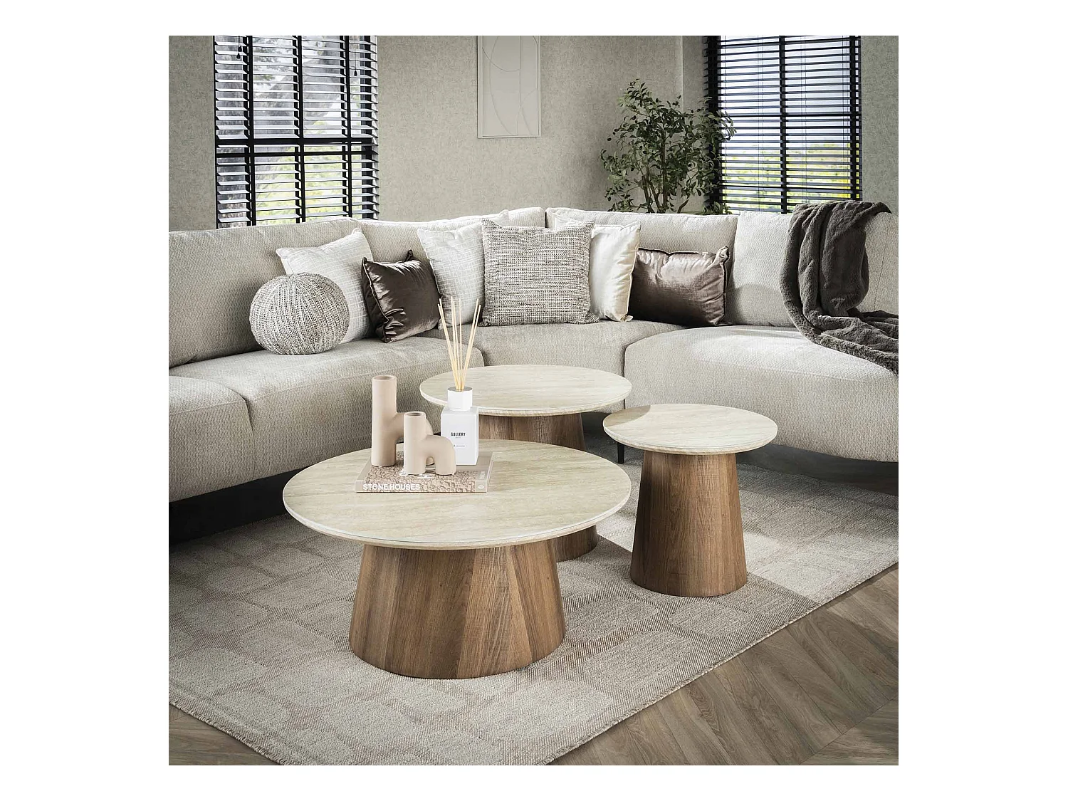 Table basse Romano à pieds fuselés - Céramique travertin - Lot de 3