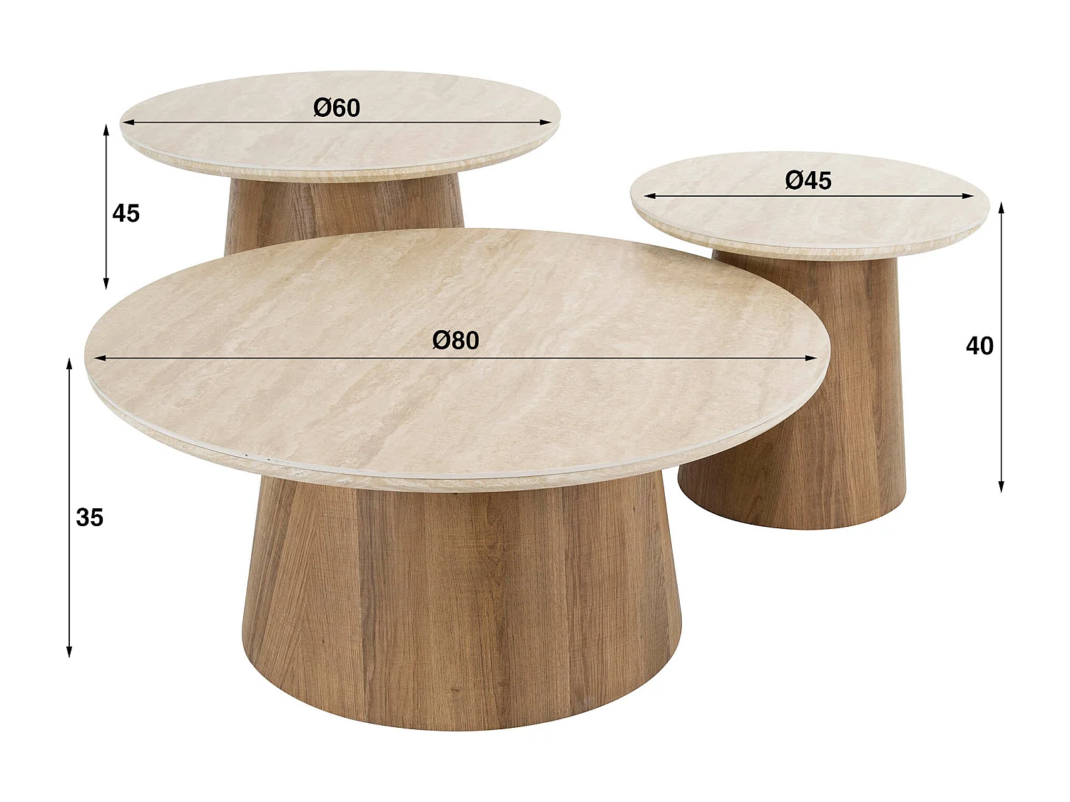 Romano Couchtisch mit konischen Beinen – Keramik-Travertin – 3er-Set