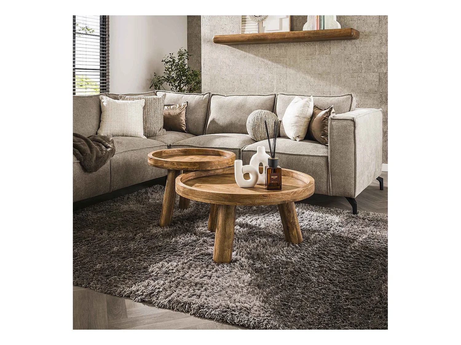 Table basse trépied - Mangue massif couleur sable - Lot de 2