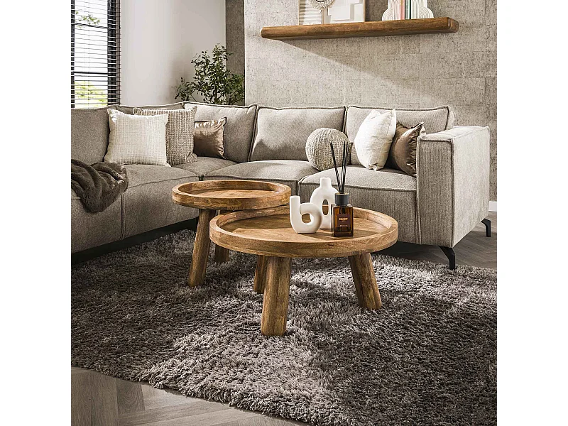 Table basse trépied - Mangue massif couleur sable - Lot de 2